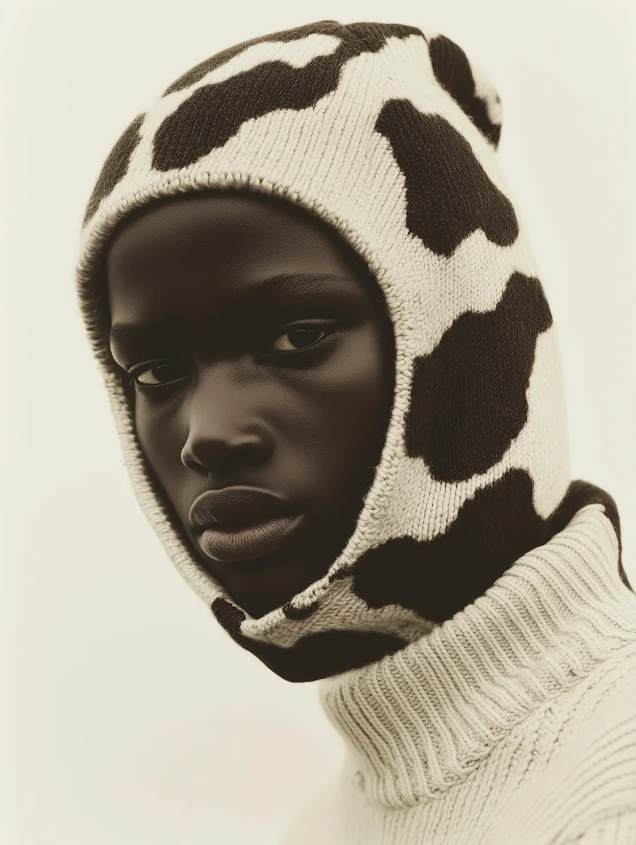 A black and white photo of a person wearing a cow print hat.