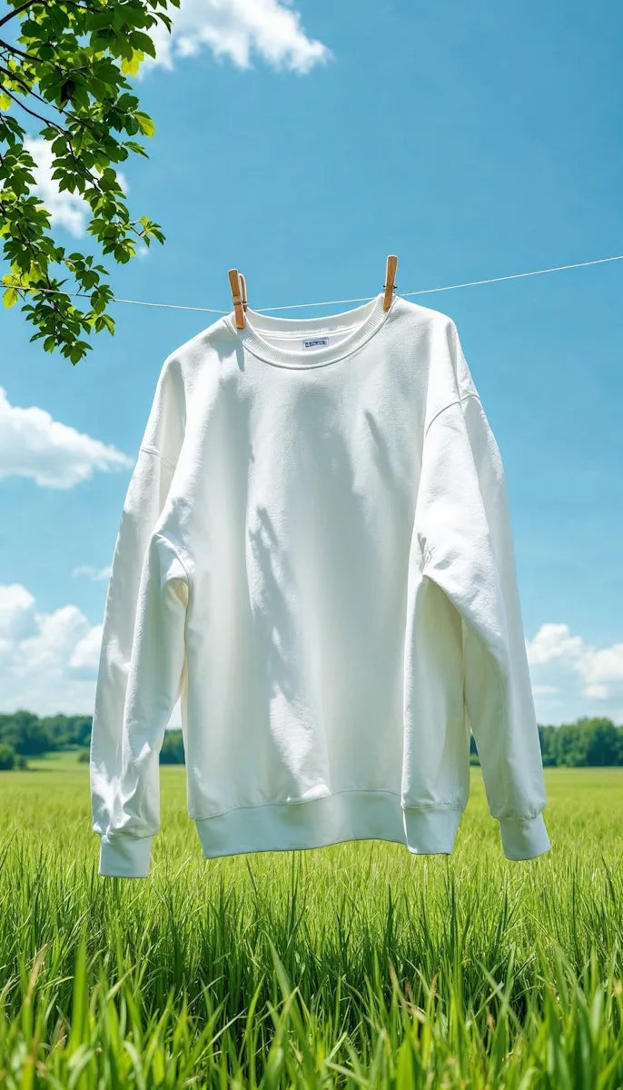 A white sweatshirt hanging on a clothes line.