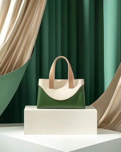 A green and white bag sitting on top of a table.