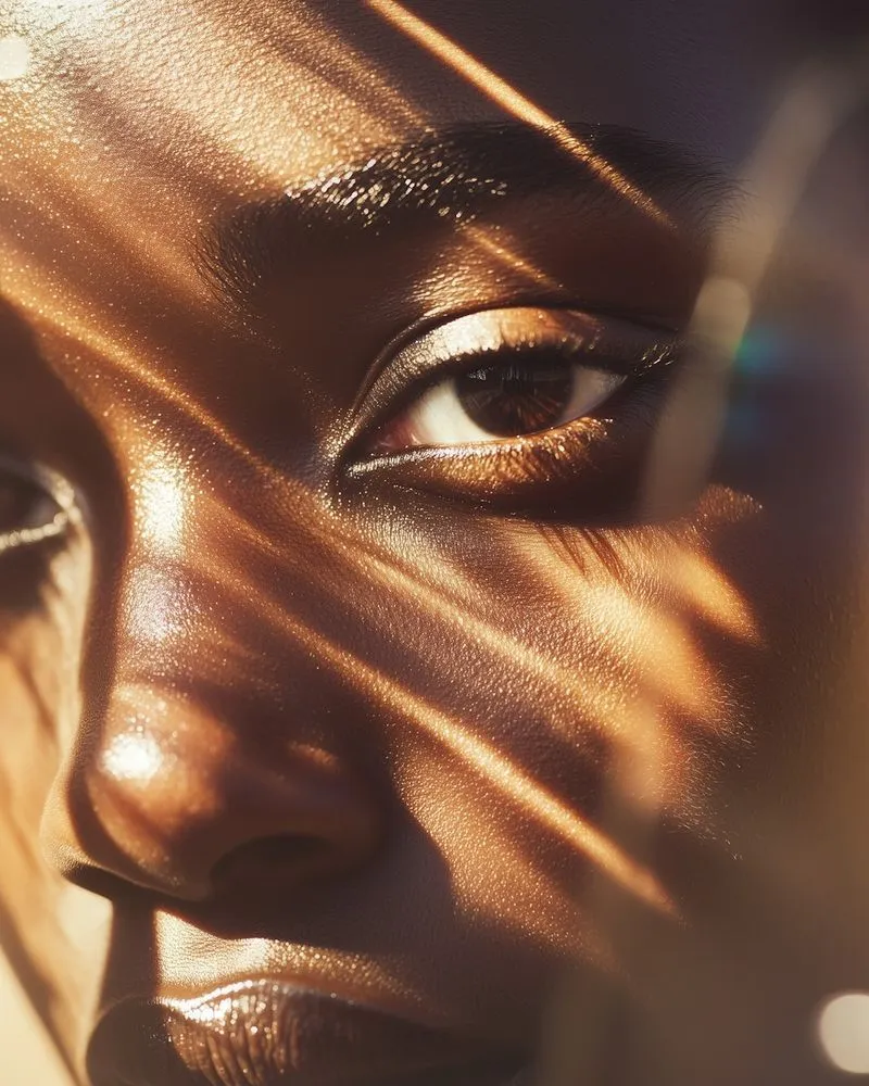 A close up of a woman's face with the sun shining through her eyes.