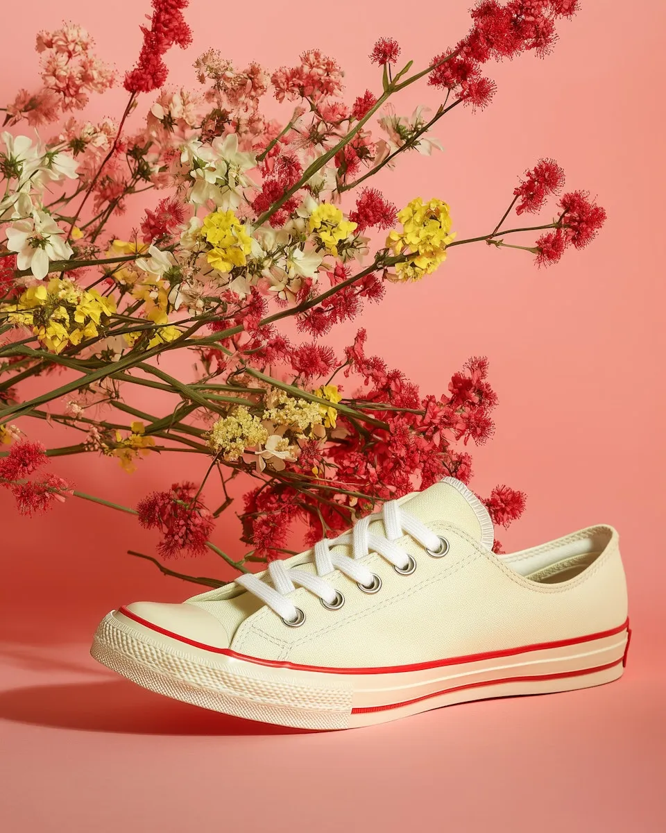 A pair of white shoes sitting next to a bunch of flowers.