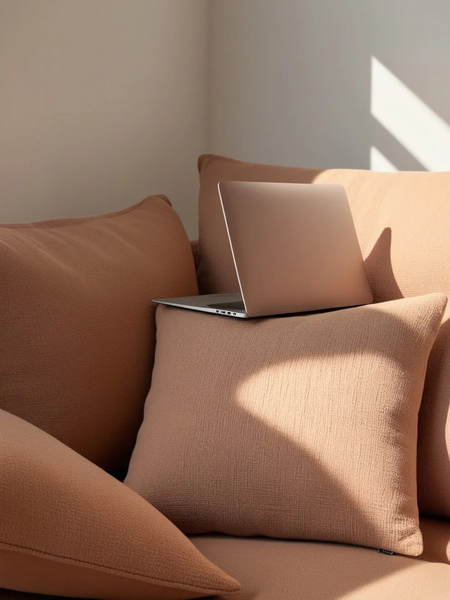 A laptop computer sitting on top of a pillow on a couch.
