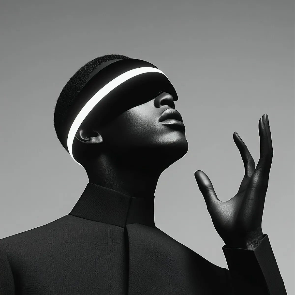 A black and white photo of a person wearing a head band.