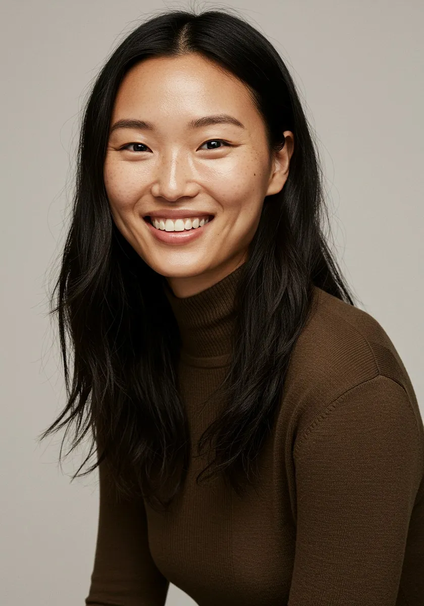 An asian woman with long black hair smiling.