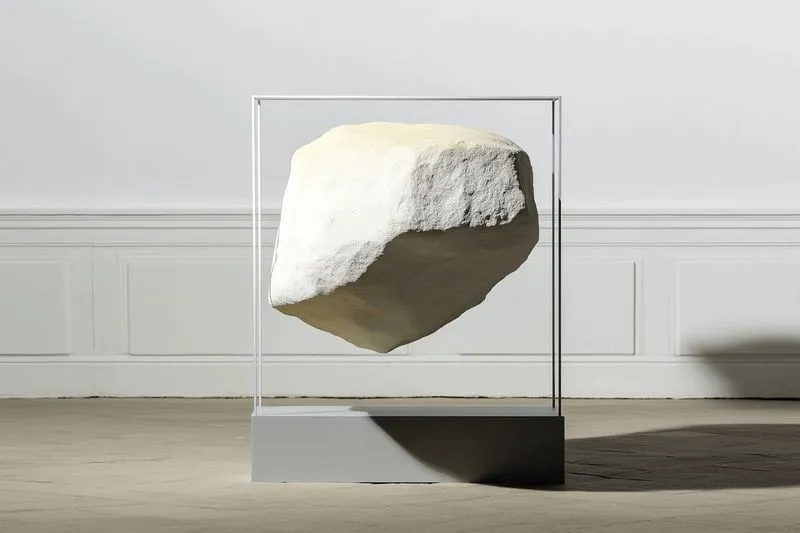 A large white rock levitating inside a transparent rectangular frame on a gray base in a minimalist room.