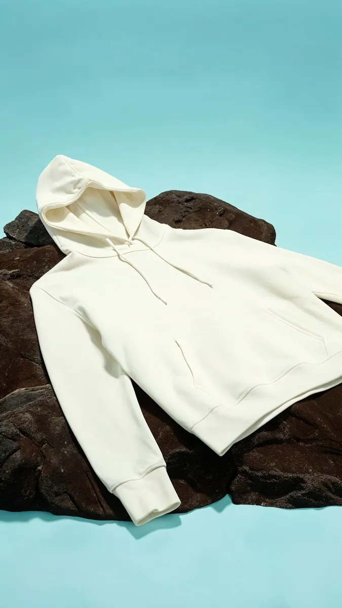 Cream-colored hoodie laid flat on dark brown rocks with a light blue background.