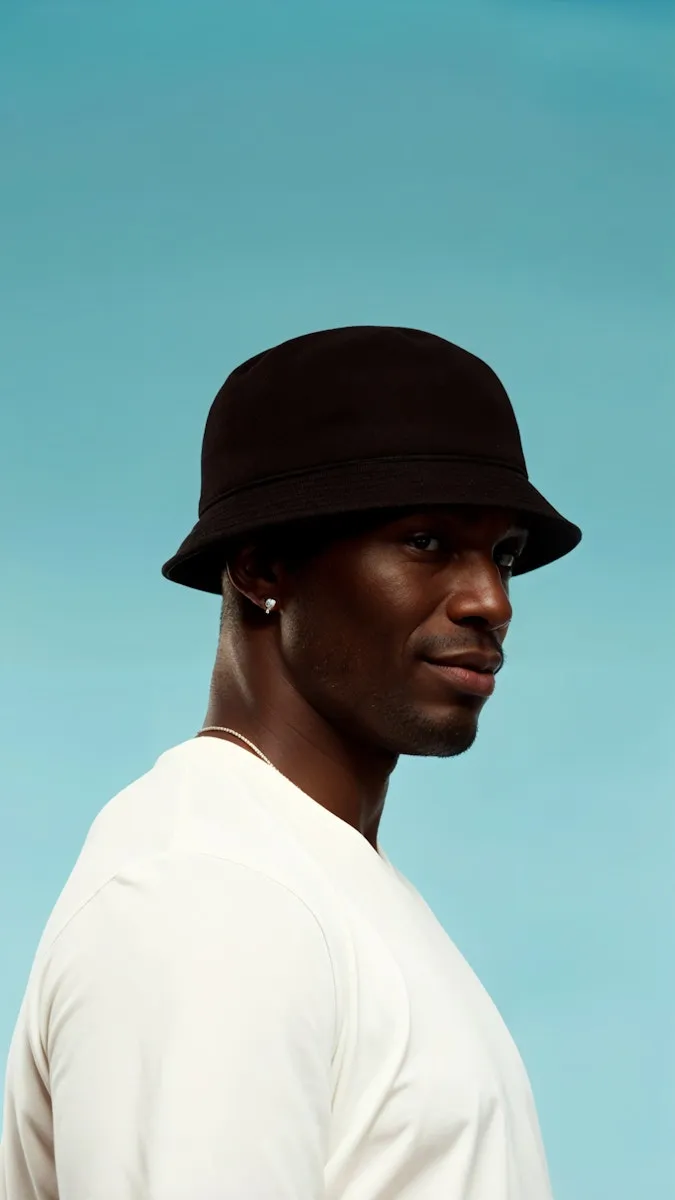 Side portrait of a man wearing a black bucket hat, a white shirt, and a small earring against a blue background.