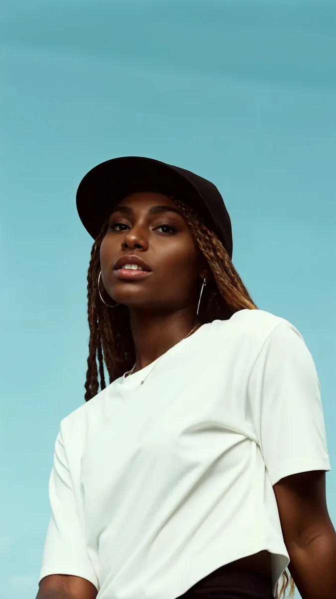 Confident young woman with long braided hair wearing a black cap, white shirt, and hoop earrings against a blue sky.