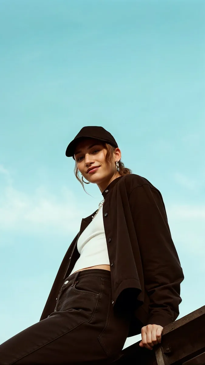 Young woman in black cap, black jacket, and black jeans posing against a clear blue sky.