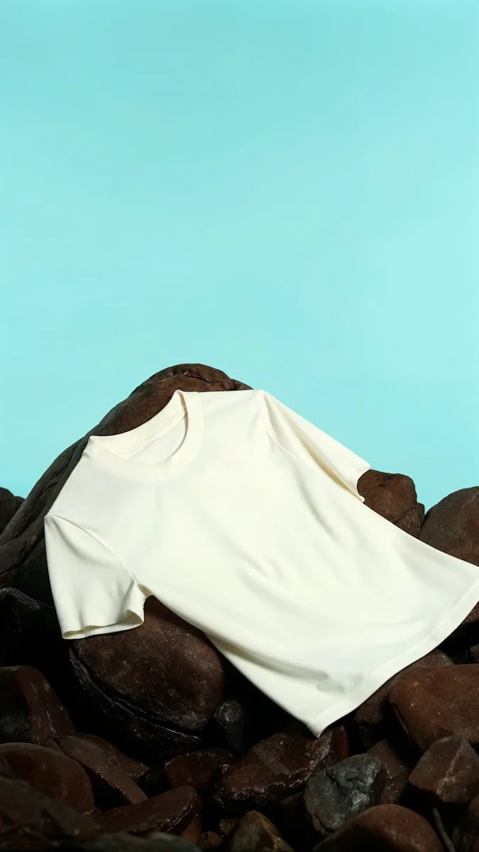 Plain white short-sleeve t-shirt displayed on dark brown rocks with a light blue background.