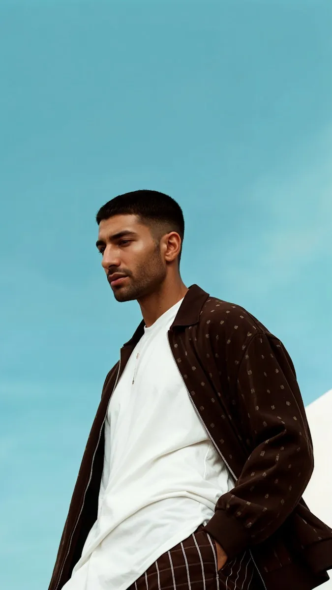 Man with short hair wearing a brown patterned jacket over a white shirt, standing against a clear blue sky.