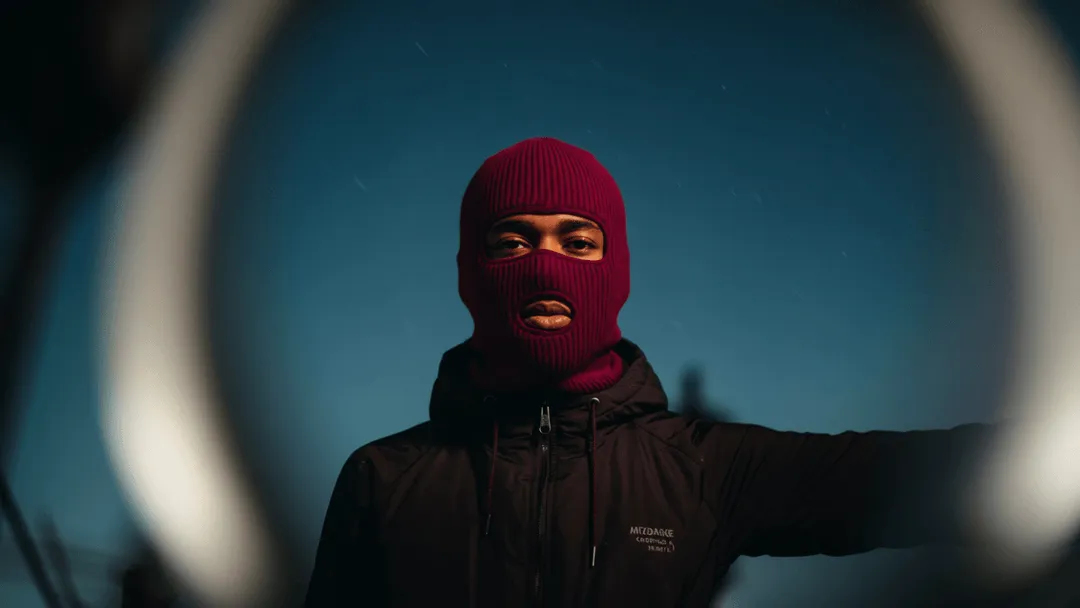 Person wearing a dark jacket and red knit balaclava covering most of the face, standing against a twilight sky.