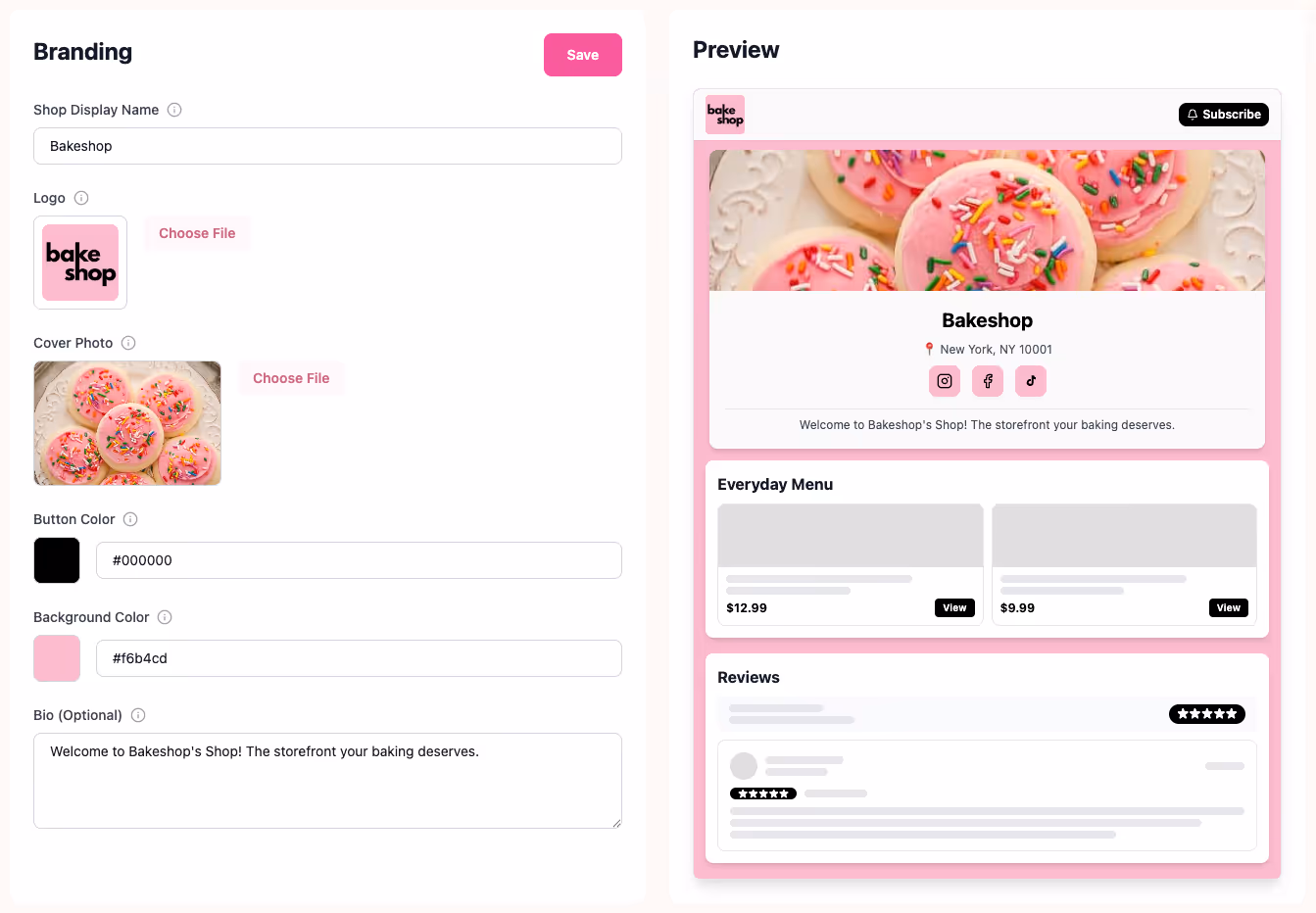 A real-time preview of the Bakeshop setup wizard showing a baker customizing their logo, brand colors, and shop bio with no coding required.