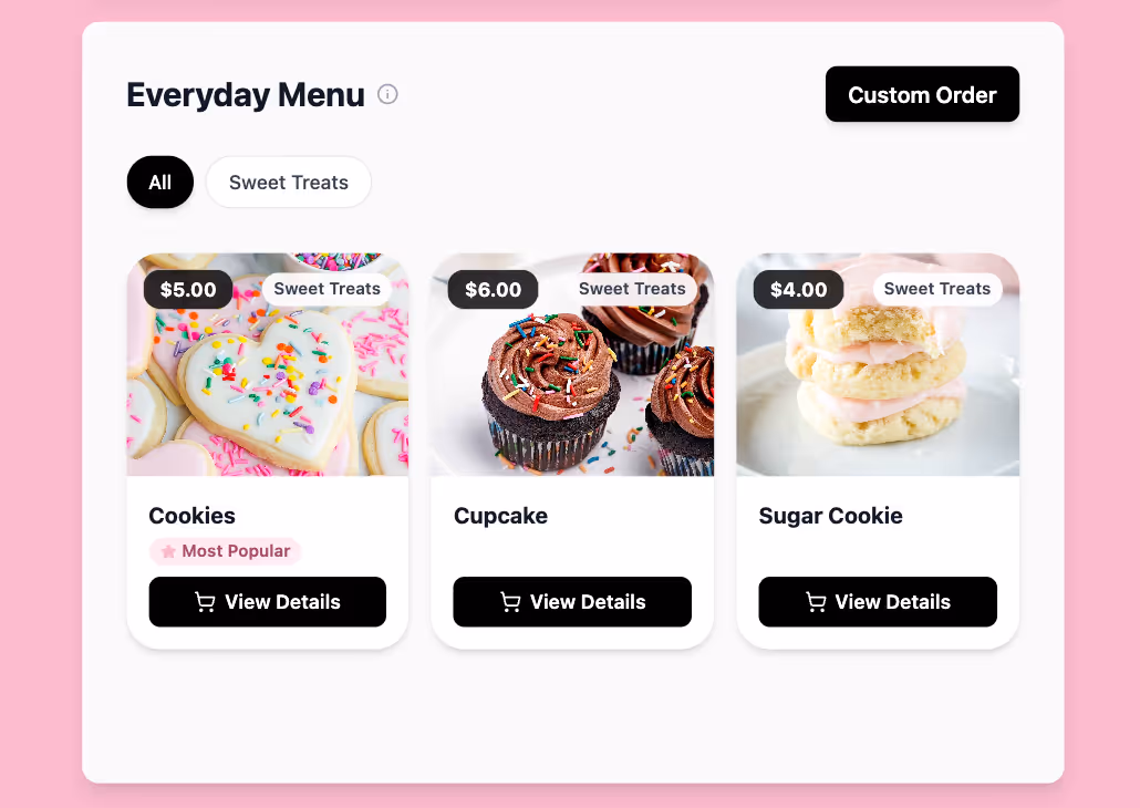 Online bakery menu interface showing cupcakes and cookies with real-time inventory tracking and 'Most Popular' badges for home bakery drops.