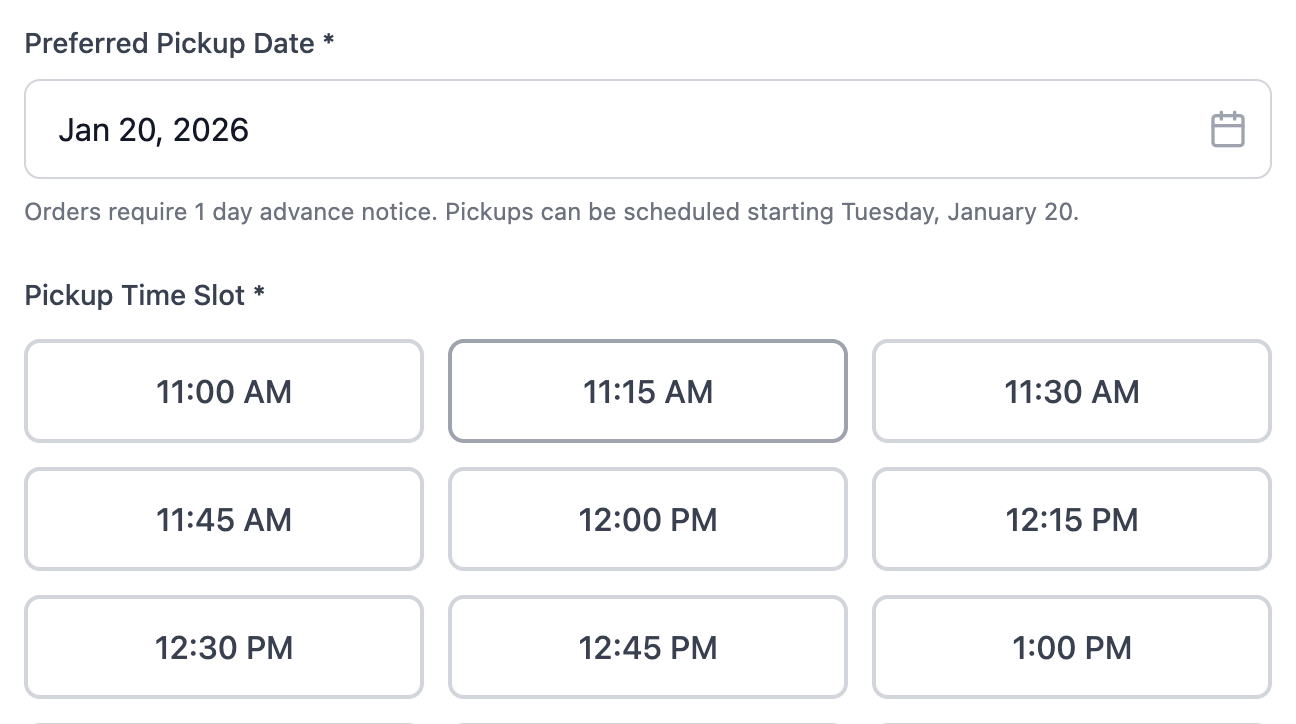 An online checkout screen for a home bakery showing selectable pickup and delivery time slots with automated order limits and lead time protection.