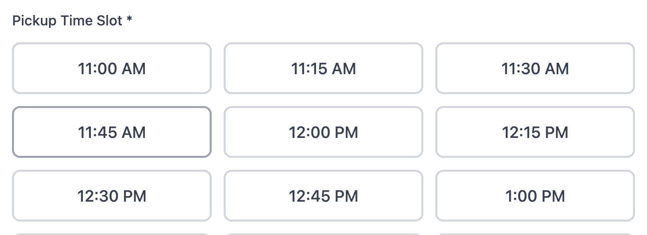 An online scheduling checkout for a home bakery showing selectable pickup and delivery time slots with automated order limits and lead time protection.