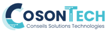 Logo de CosonTech avec un cercle stylisé bleu et le texte CosonTech en noir et bleu, suivi de Système et Solutions Technologiques en plus petit.