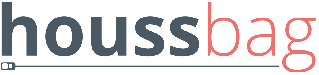 Logo Houssbag avec texte en gris foncé et rouge, accompagné d'un dessin stylisé d'une fermeture éclair sous le texte.