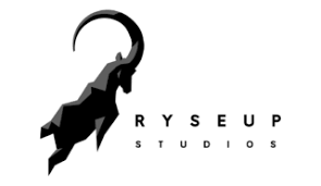 Logo de Ryse Up Studios avec une silhouette stylisée de chèvre de montagne noire.