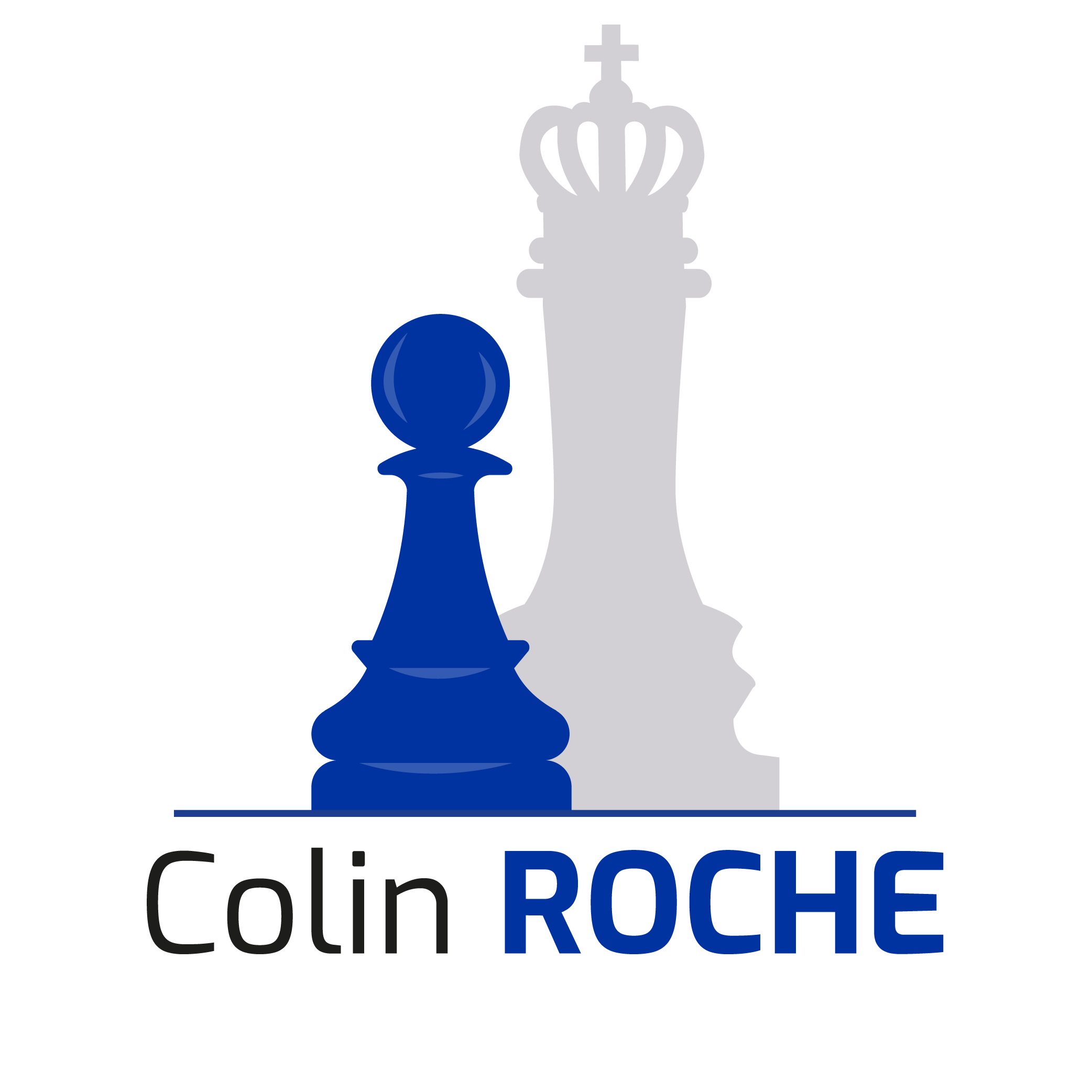 Logo avec une pièce d'échecs pion bleue devant une reine grise, avec le texte Colin ROCHE en dessous, ROCHE en bleu.