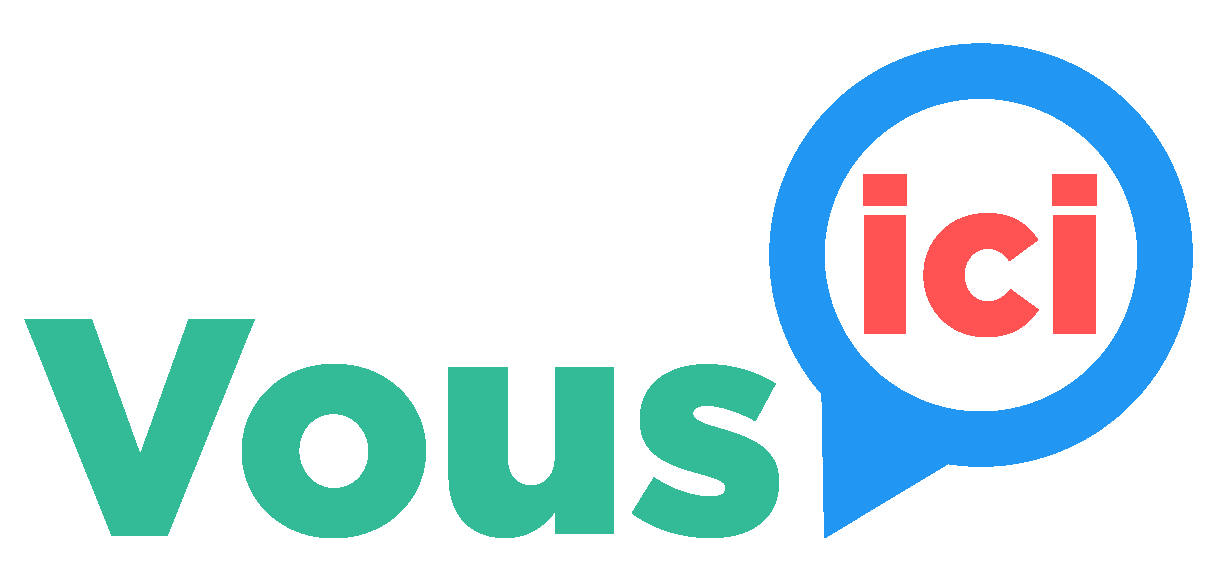 Texte coloré avec « Vous » en vert et « ici » en rouge dans une bulle de dialogue bleue.