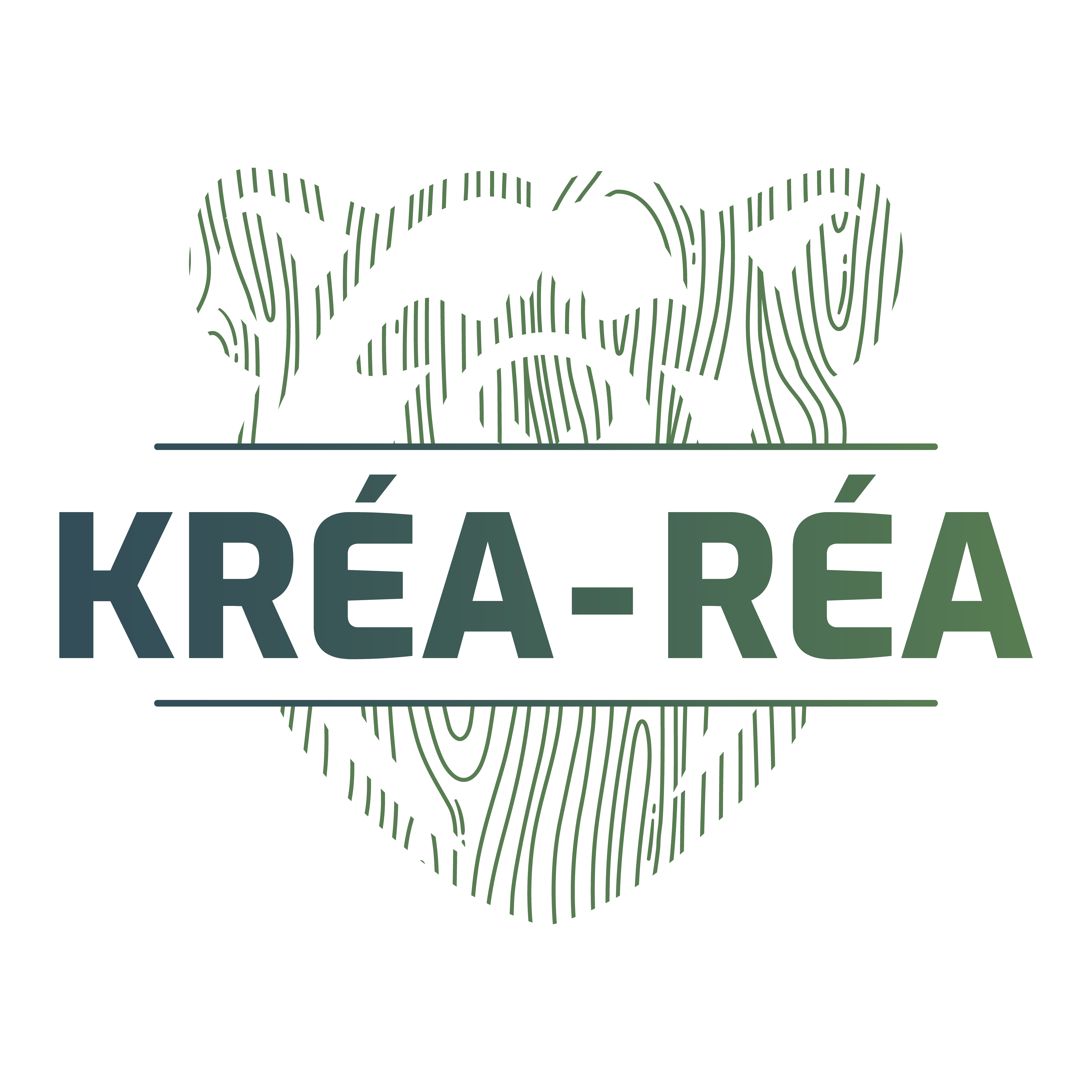 Logo avec la tête d'un ours en motif bois derrière le texte KRÉA-RÉA.