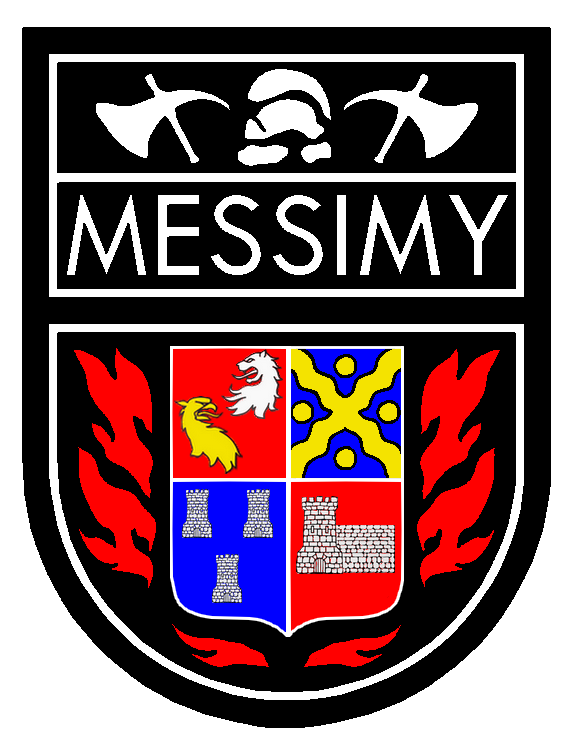 Blason de Messimy avec deux haches croisées, un casque, et un écu divisé en quatre parties aux motifs colorés, entouré de flammes rouges.