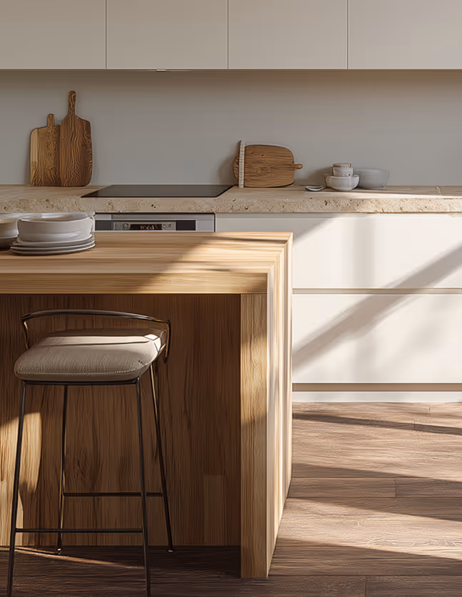 A modern kitchen designed in beige and cream tones with abundant natural light, emphasizing a warm, sophisticated atmosphere and high-quality architectural finishes.