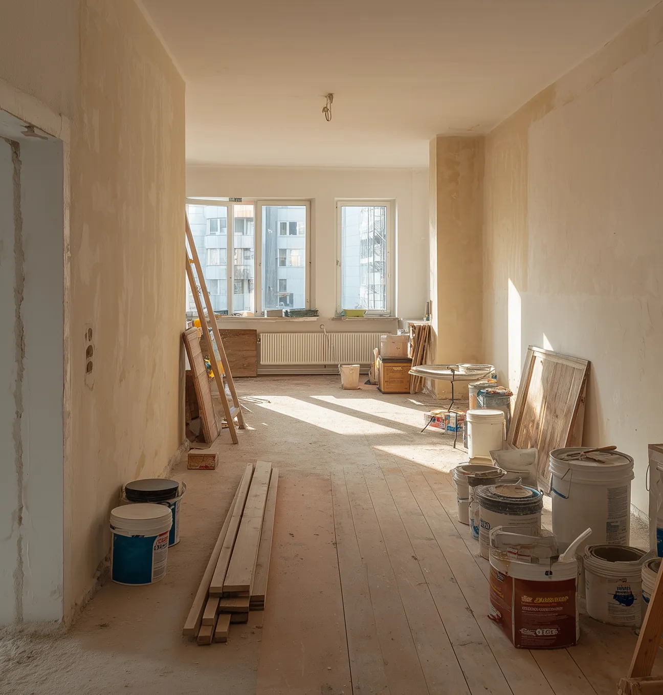 A room under construction with visible building materials, highlighting active project development and high-quality architectural execution.