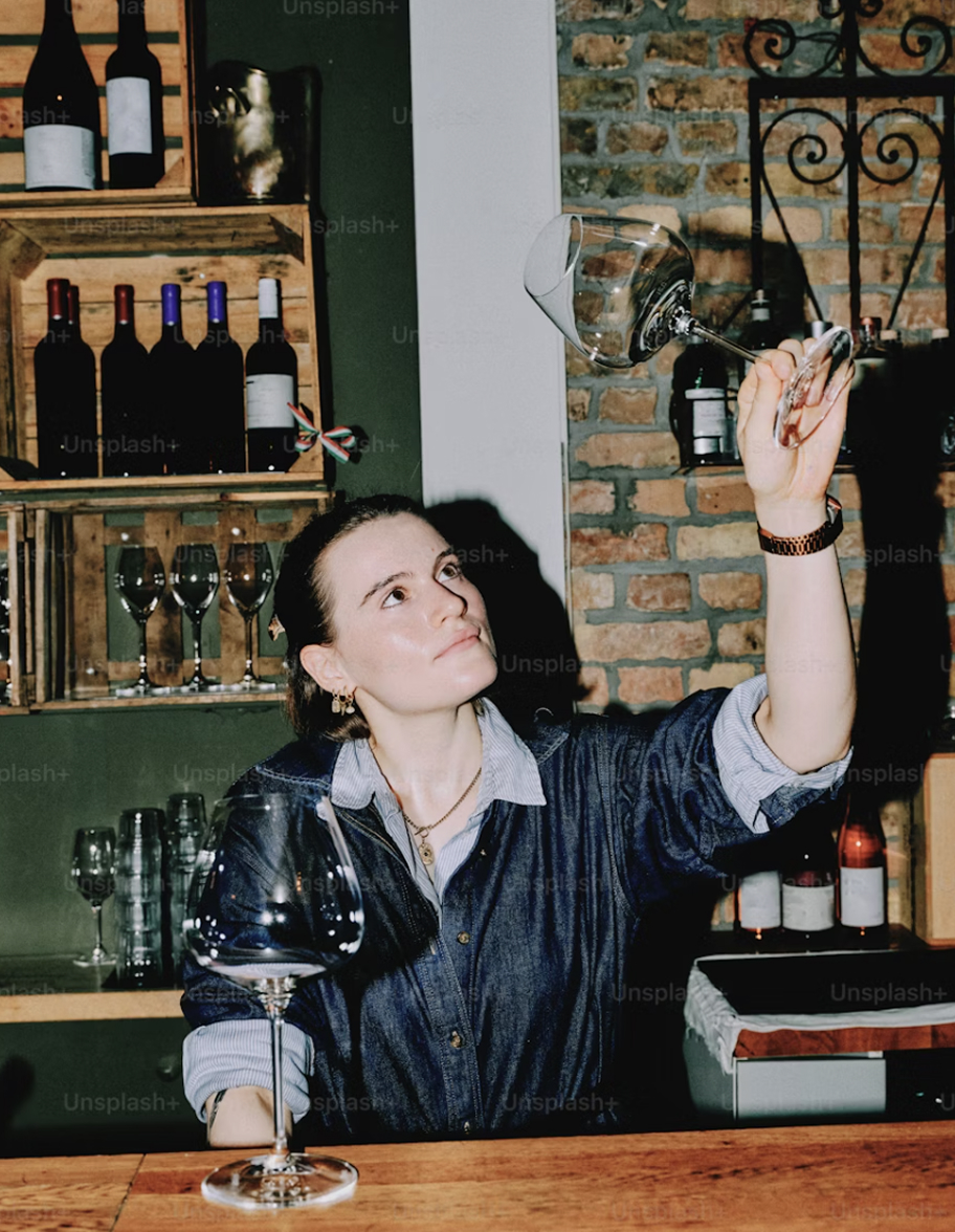 Жінка за барною стійкою уважно розглядає чистий келих для вина, піднятий на тлі стіни з цегли.