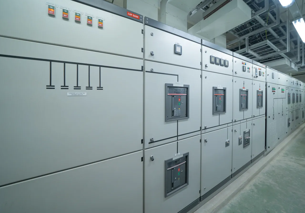 Long row of industrial electrical control panels with switches, meters, and circuit breakers in a utility room.