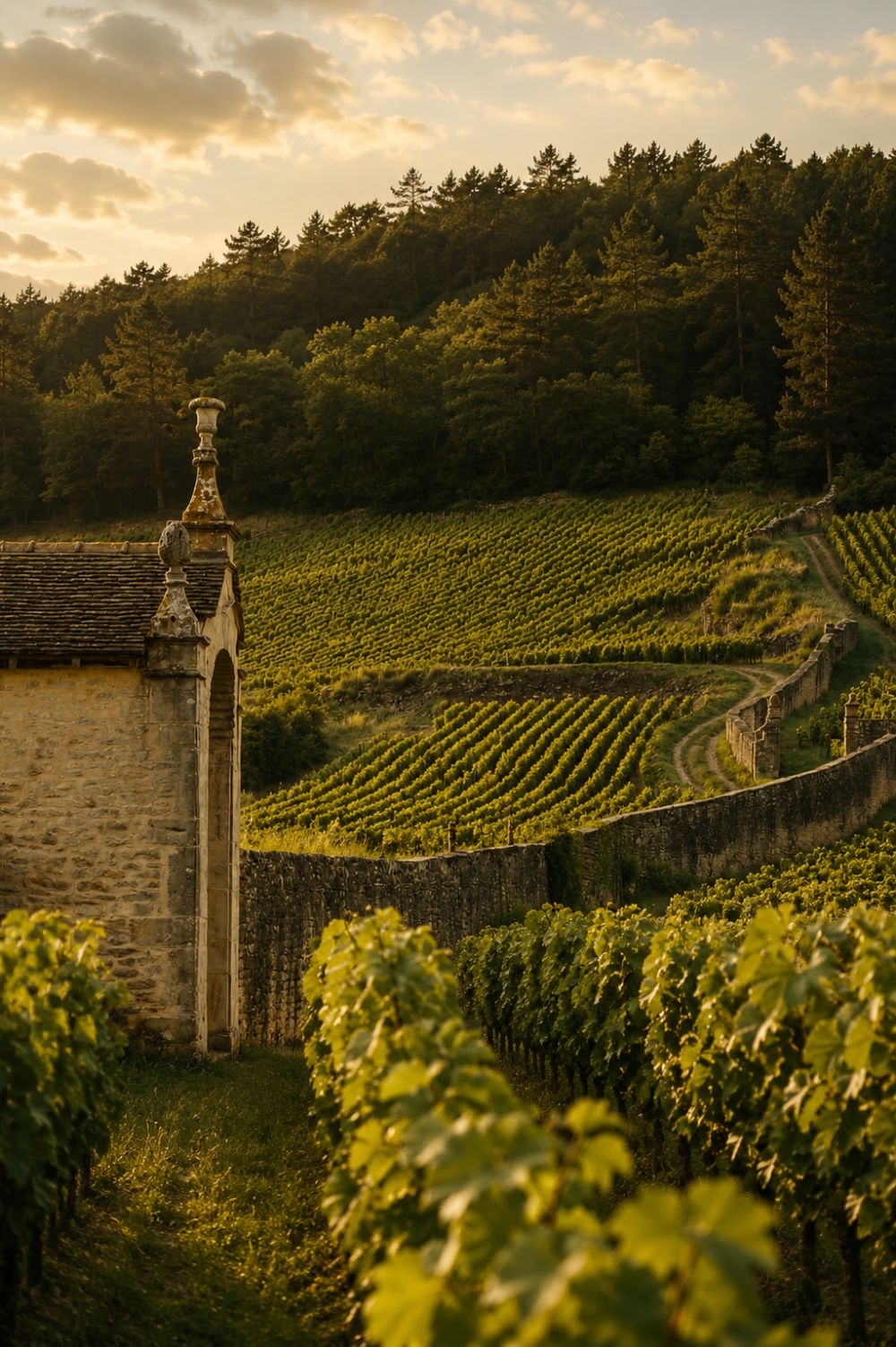 Vineyard above the clos wall at last light