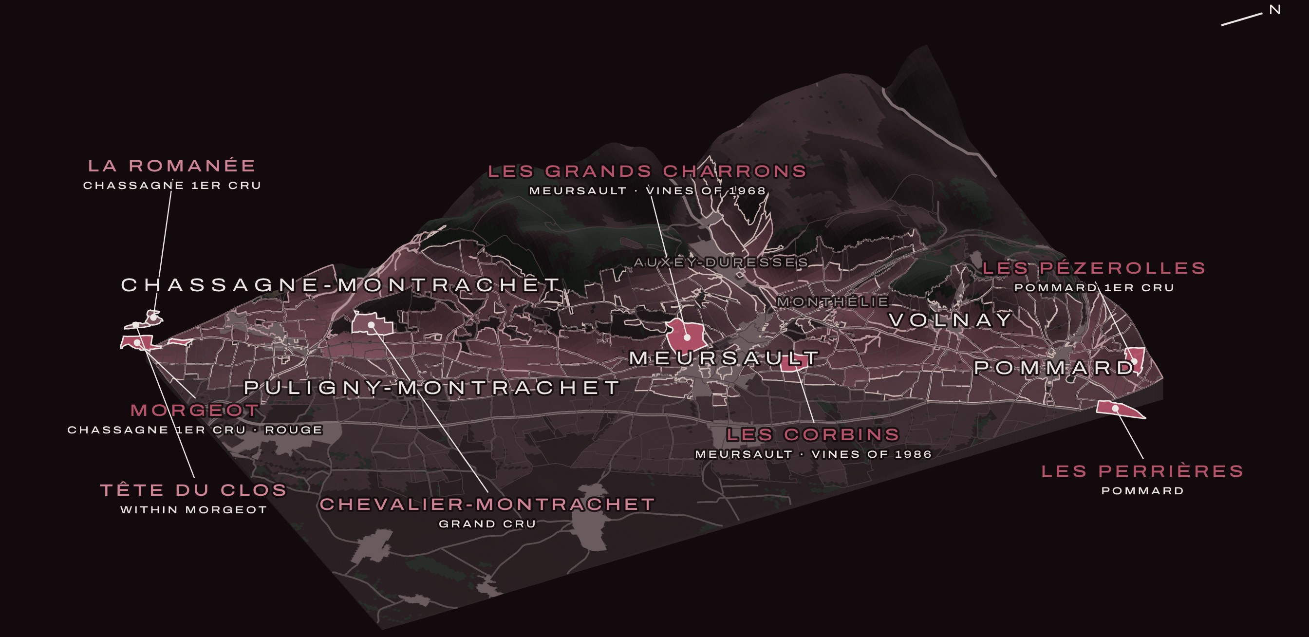 3D map of the Côte de Beaune from Chassagne-Montrachet to Pommard, with the lieux-dits of Domaine Dancer