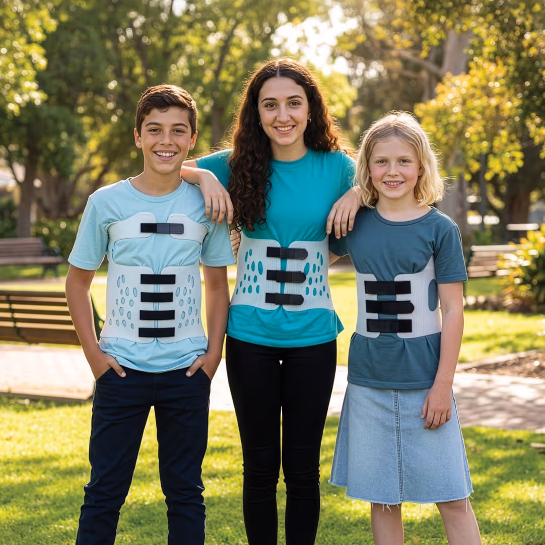 Three children smiling outdoors wearing back braces and standing close together in a park.