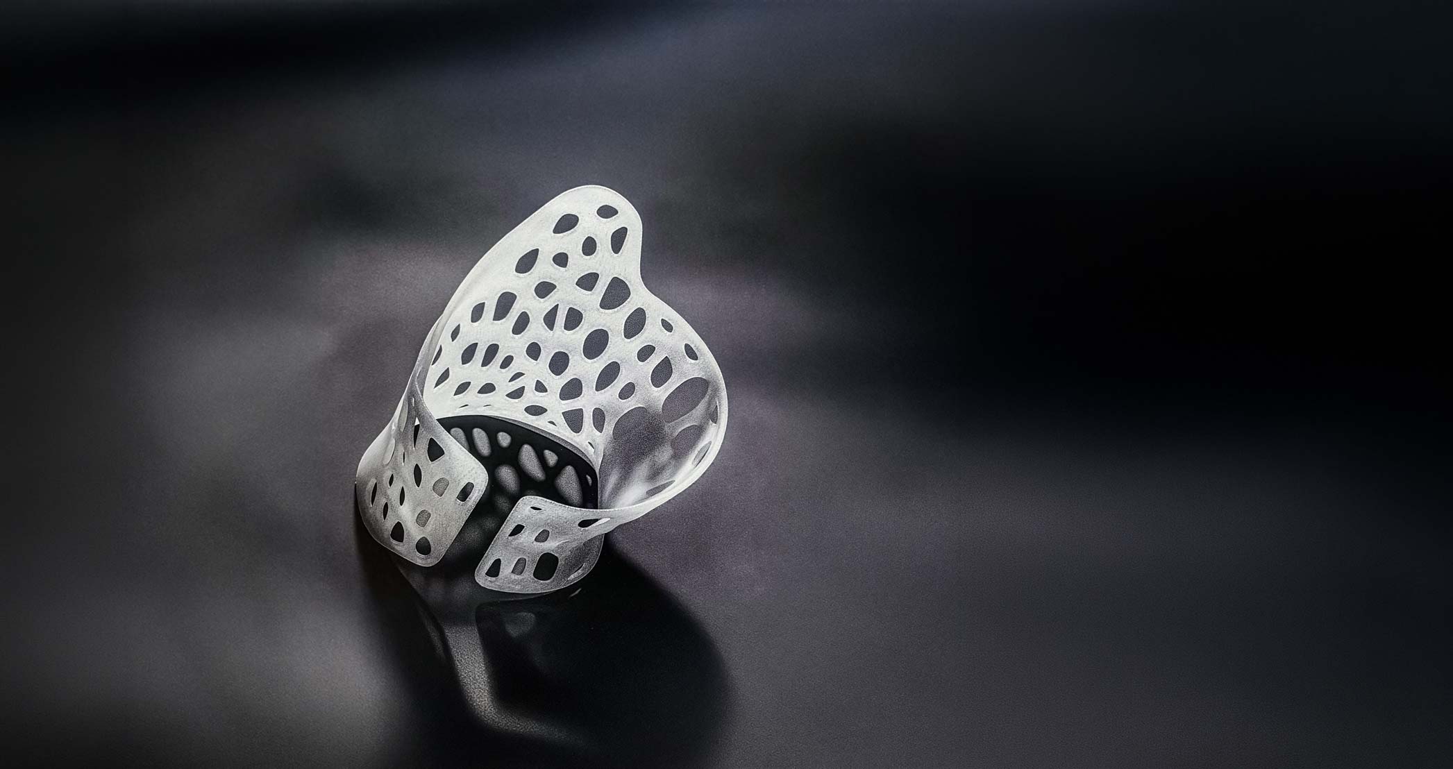 Translucent, perforated abstract sculpture casting a shadow on a dark surface.