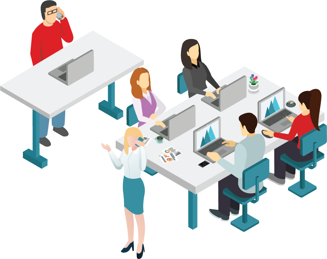 Isometric illustration of six office workers using laptops and talking on phones around two desks.