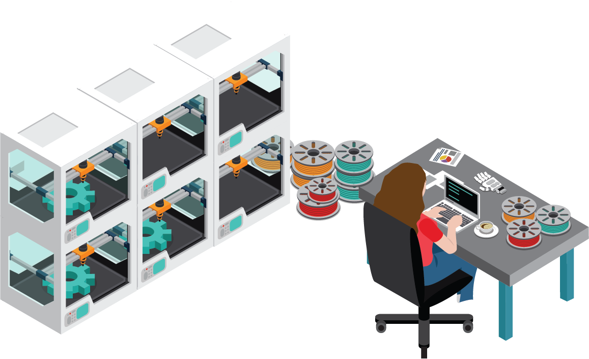 Person working at a desk with a laptop, surrounded by multiple spools of filament, next to a stack of 3D printers producing gear-shaped objects.