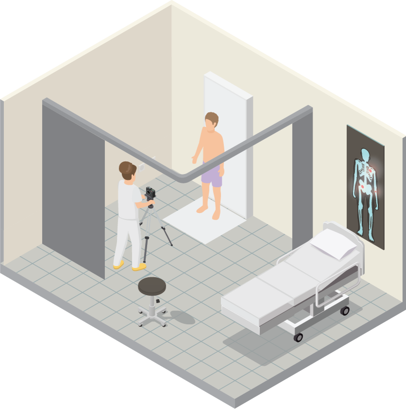 Medical room with a healthcare worker taking an X-ray of a standing patient using a camera on a tripod, an examination bed, and a skeleton X-ray poster on the wall.