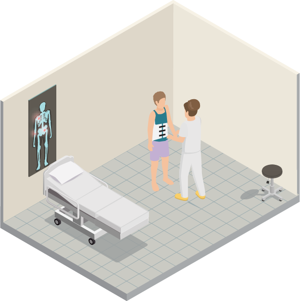 Medical professional examining a patient wearing a back brace in a clinical room with a hospital bed, stool, and skeletal X-ray on the wall.