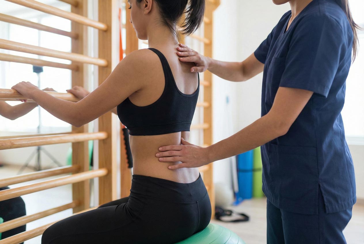 Illustration of a woman’s back showing scoliosis symptoms with asymmetric shoulders, shoulder blades, hips, and uneven arm-to-waist distance.