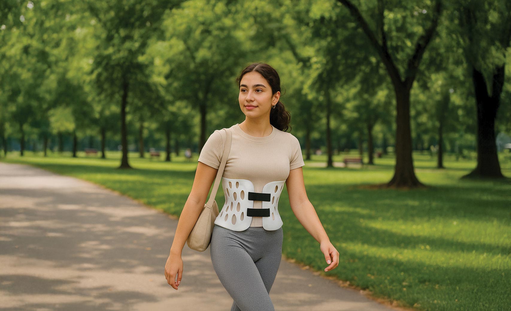 Three children smiling outdoors wearing back braces and standing close together in a park.