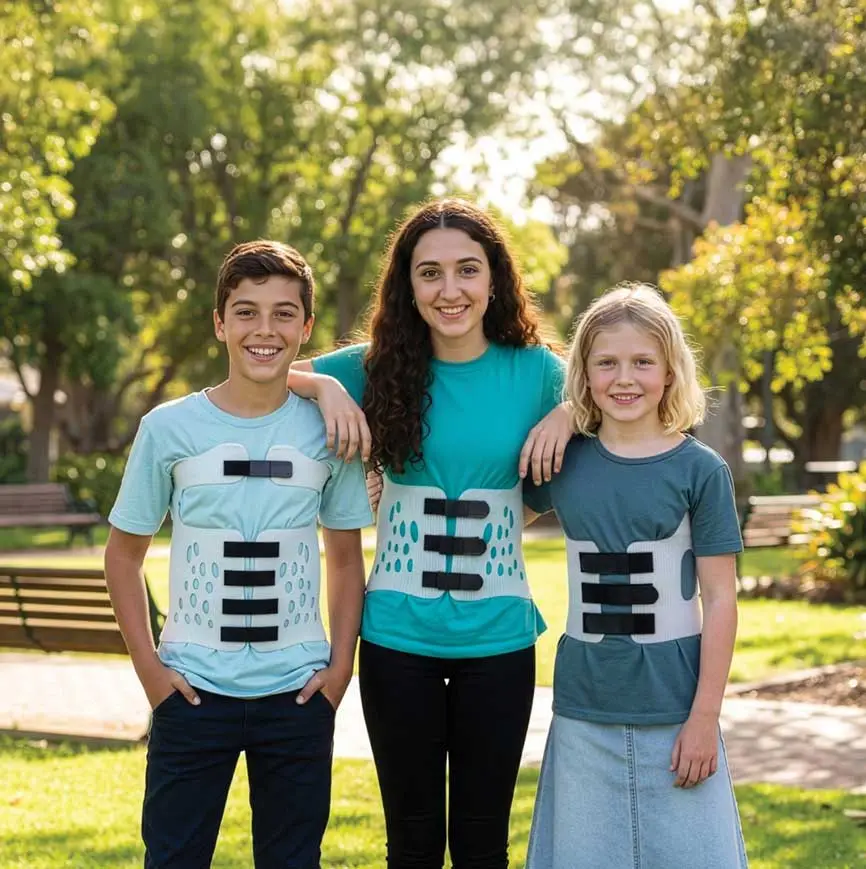 Three children smiling outdoors wearing back braces and standing close together in a park.