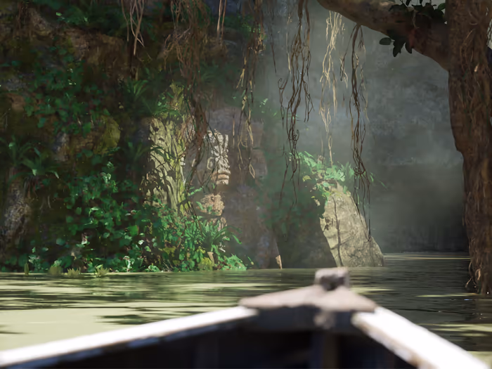 A boat on a jungle river past overgrown ruins