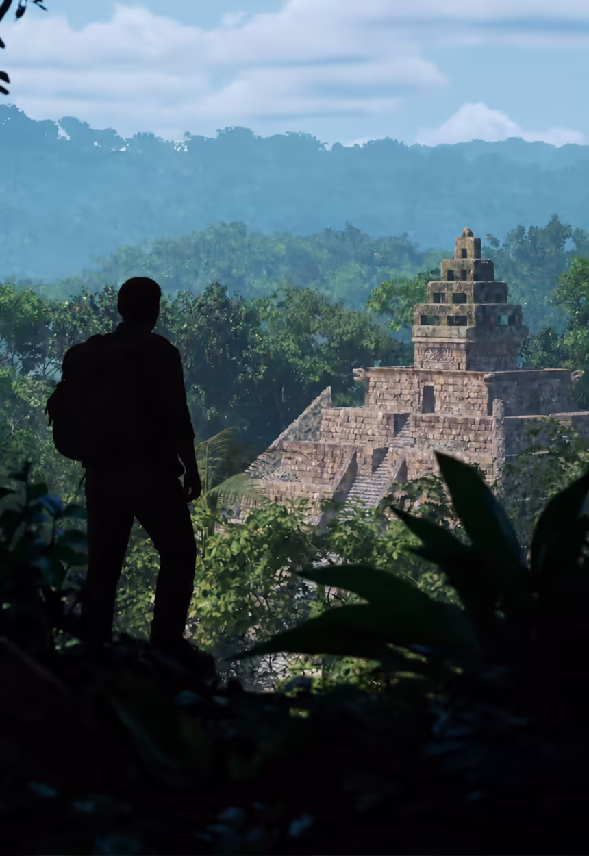 Een ontdekkingsreiziger kijkt uit over een tempel in de jungle