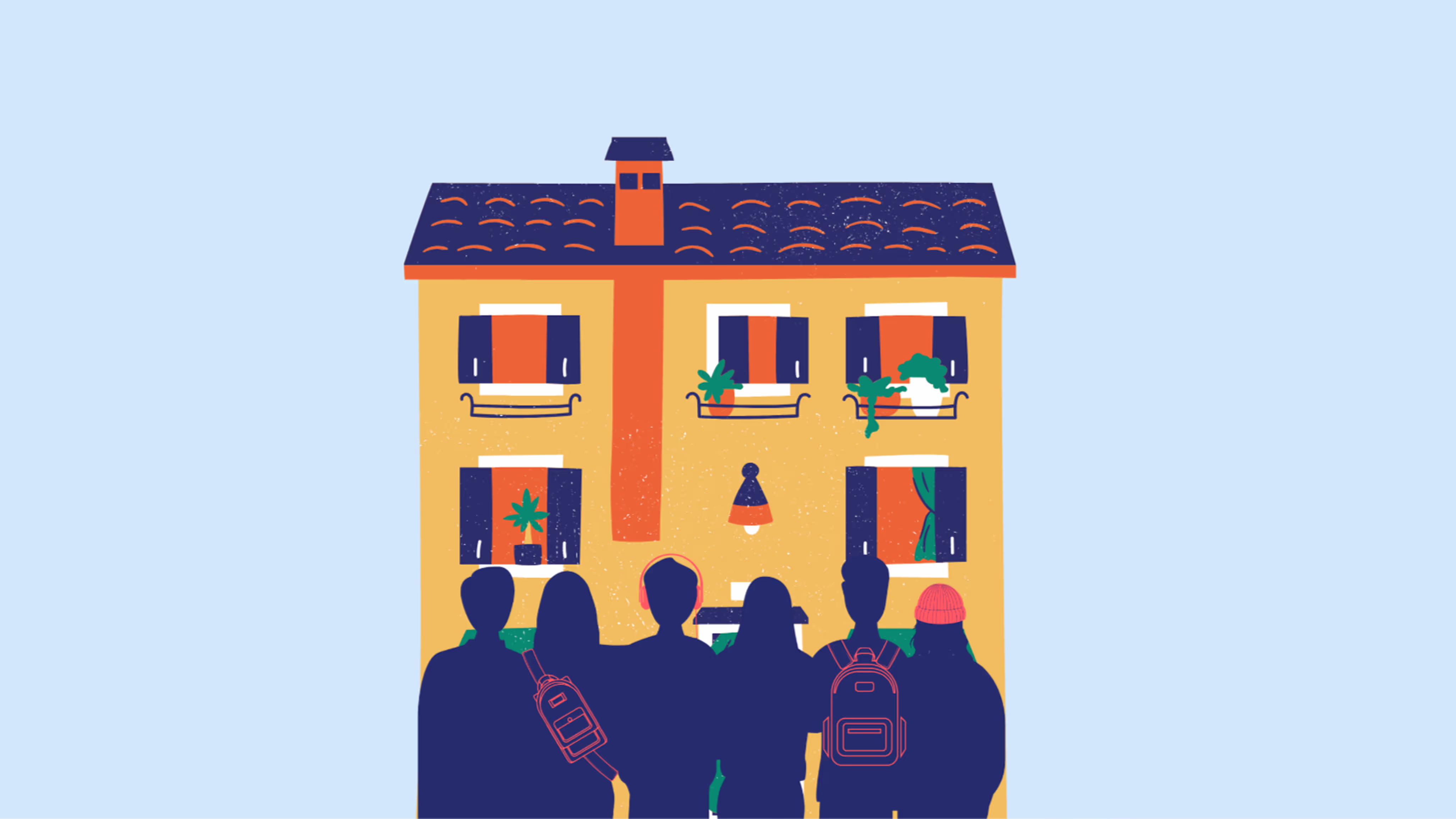 Illustration of five people standing in front of a two-story yellow house with a blue roof and windows with shutters and flower pots.