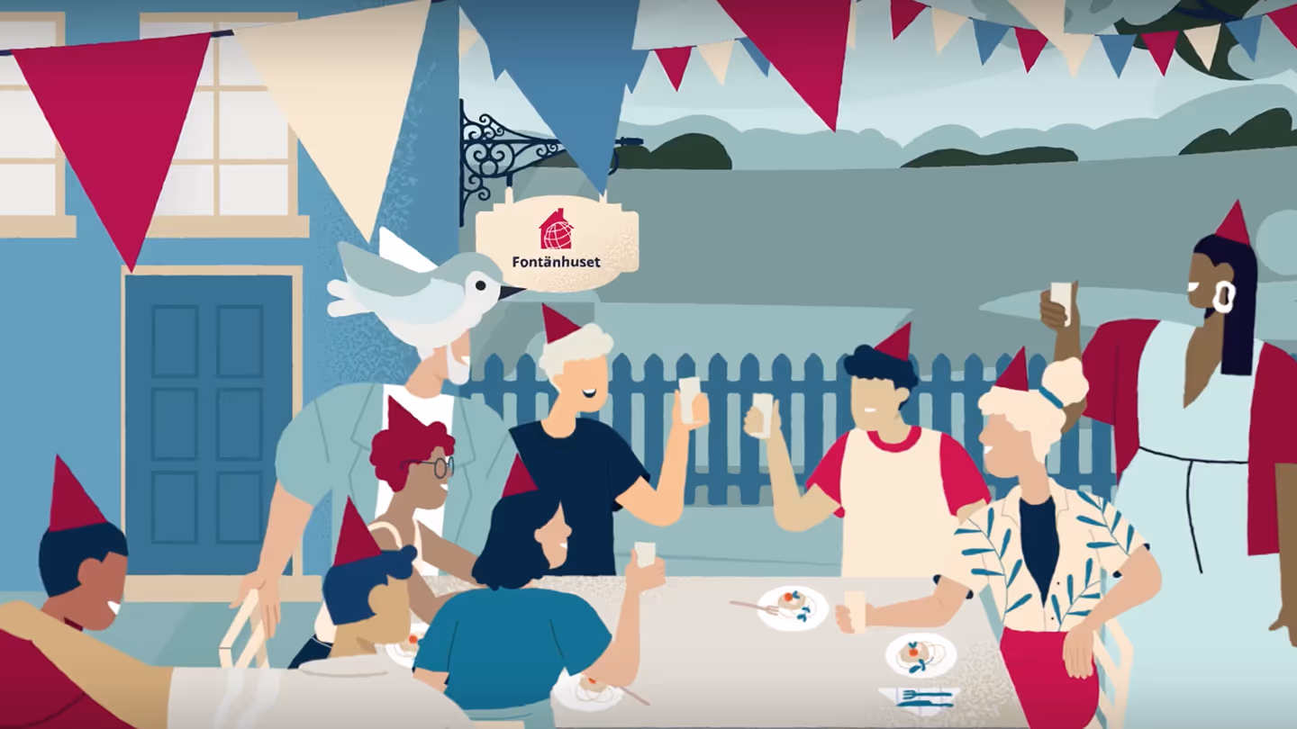 Animated group of people wearing party hats, sitting and standing around a table outdoors, raising glasses in celebration under colorful bunting flags.