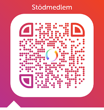 QR-kod med texten Stödmedlem ovanför på en röd och lila gradientbakgrund.
