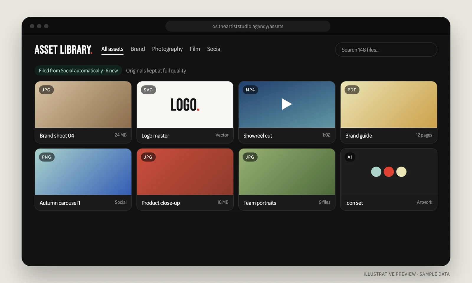 Asset library grid of brand files including photography, logo, video, PDF brand guide and social graphics