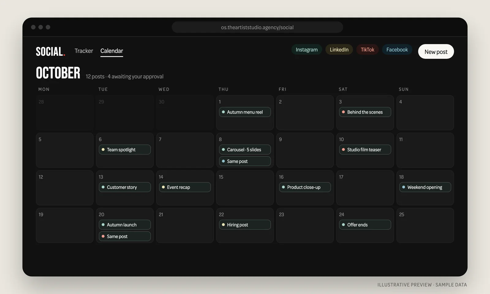 Social media calendar for October showing planned posts across Instagram, LinkedIn, TikTok and Facebook