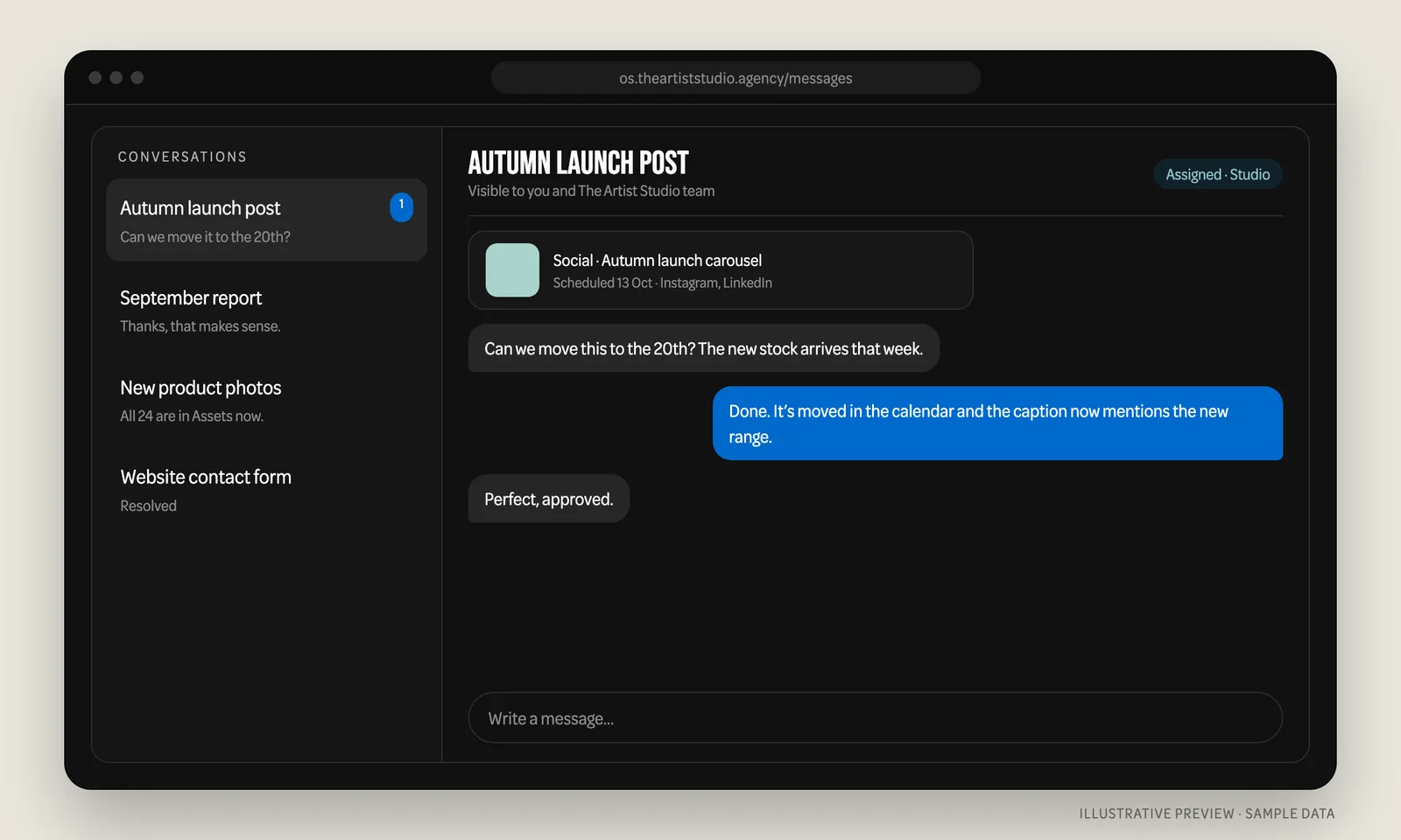 Private message thread between a client and the studio with a linked social post shown above the conversation